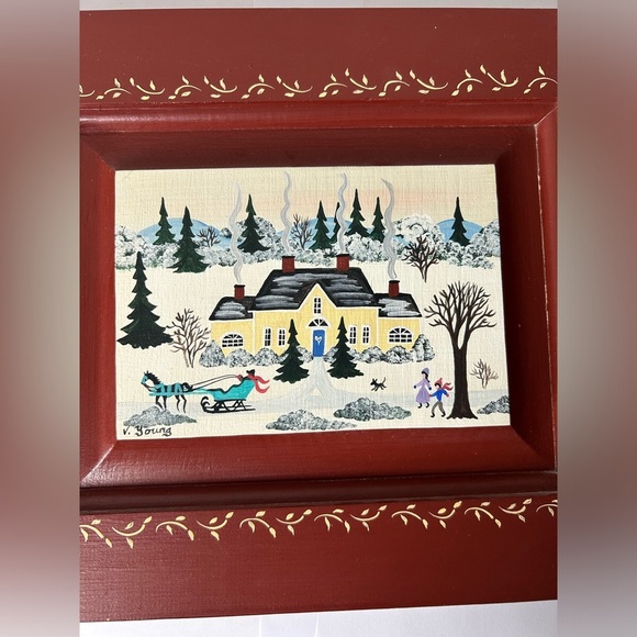 Virginia Young Folk Art Winter Scene Framed Painting on Wood - Picture 2 of 9